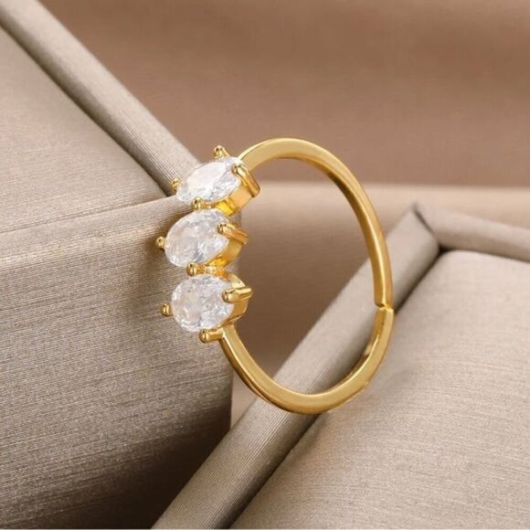 NEW Dainty Three Oval Cristal Ring 14K Gold Plated Adjustable Fairy - Picture 2 of 7